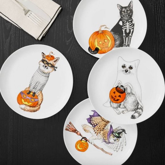 Halloween Set of 4 New in Box West Elm Rachel Kozlowski Dapper Animals Plate - Picture 2 of 6